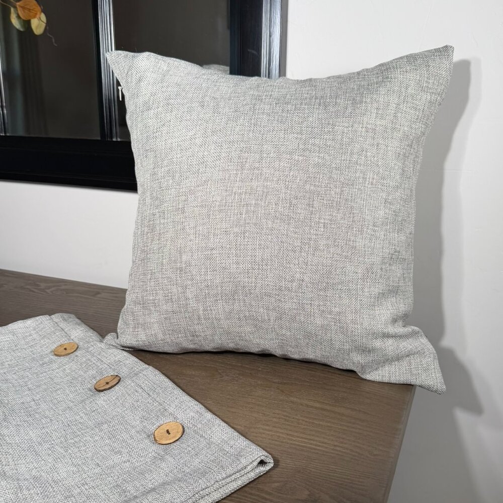 Set of 2 16" Square Farmhouse Pillow Covers — Light Grey with Wooden Buttons - Picture 2 of 8